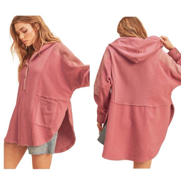 Aemi + Co Tops - Aemi + Co DOVE HOODED PULLOVER Women’s Size S Rose Pink Mixed Media Half Snap